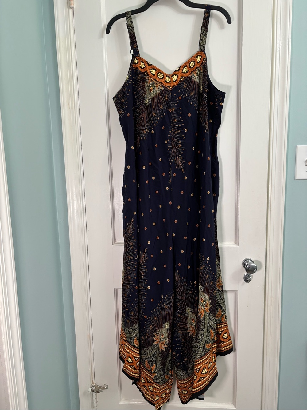 BloomChic Navy Jumpsuit with Orange and Green Border
